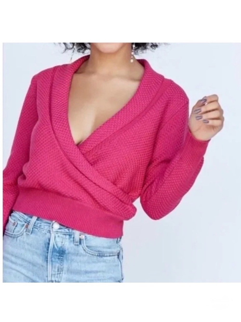 Callahan Knitwear X Revolve Risa Pink Textured Shawl Collar Faux Wrap Sweater S